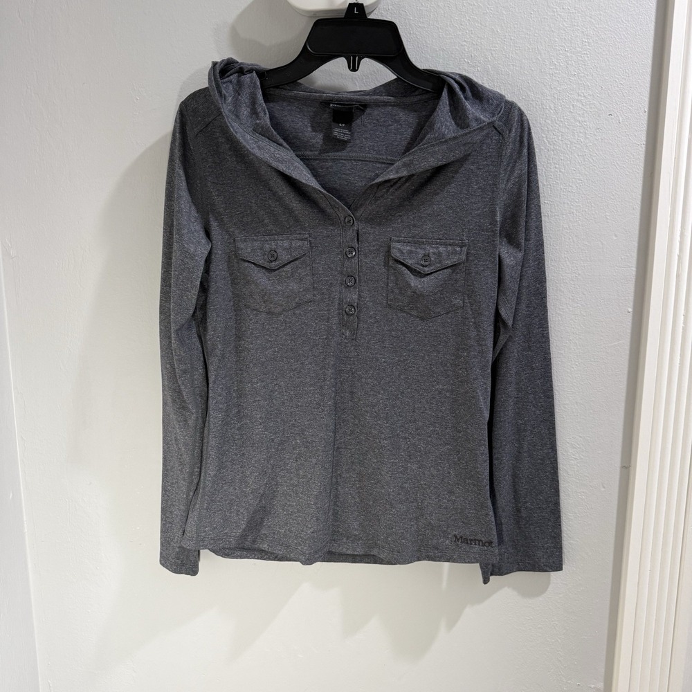 Marmot Laura Hooded Light Weight Shirt Womens Small Petite Gray Hoodie